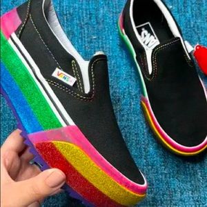 Vans Classic slip on Stacked Platform Glitter Black rainbow shoes MultiColor